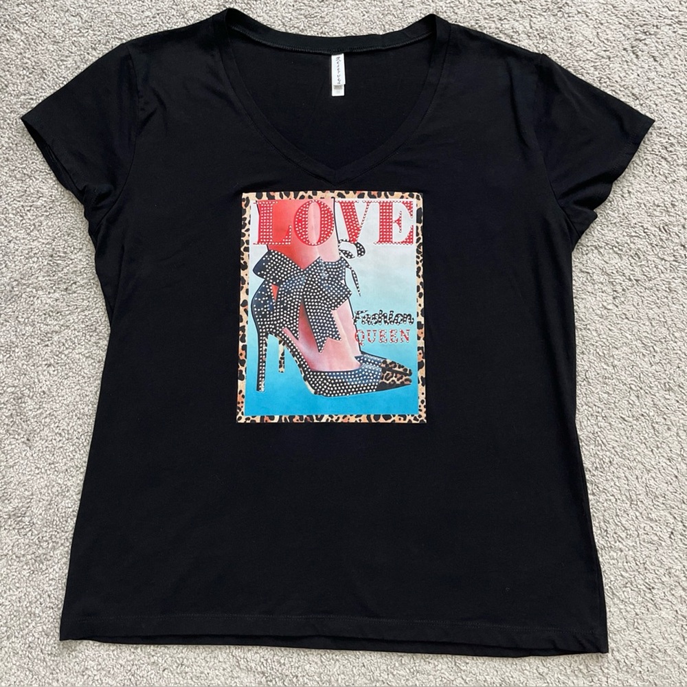 RESETVED Rhinestone Embellished Women’s Black V Neck Tee Size SEE DESCRIPTION